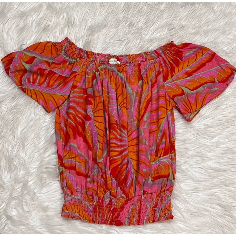 Cynthia Rowley Bright Tropical Top Off Shoulder Smocked Waist Short Sleeve SZ S